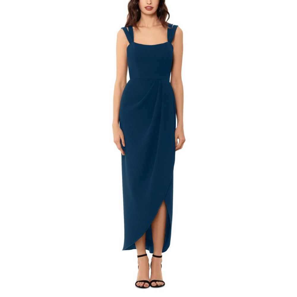 XSCAPE Double Strap Crepe Midi Dress in Dark Teal | US 14